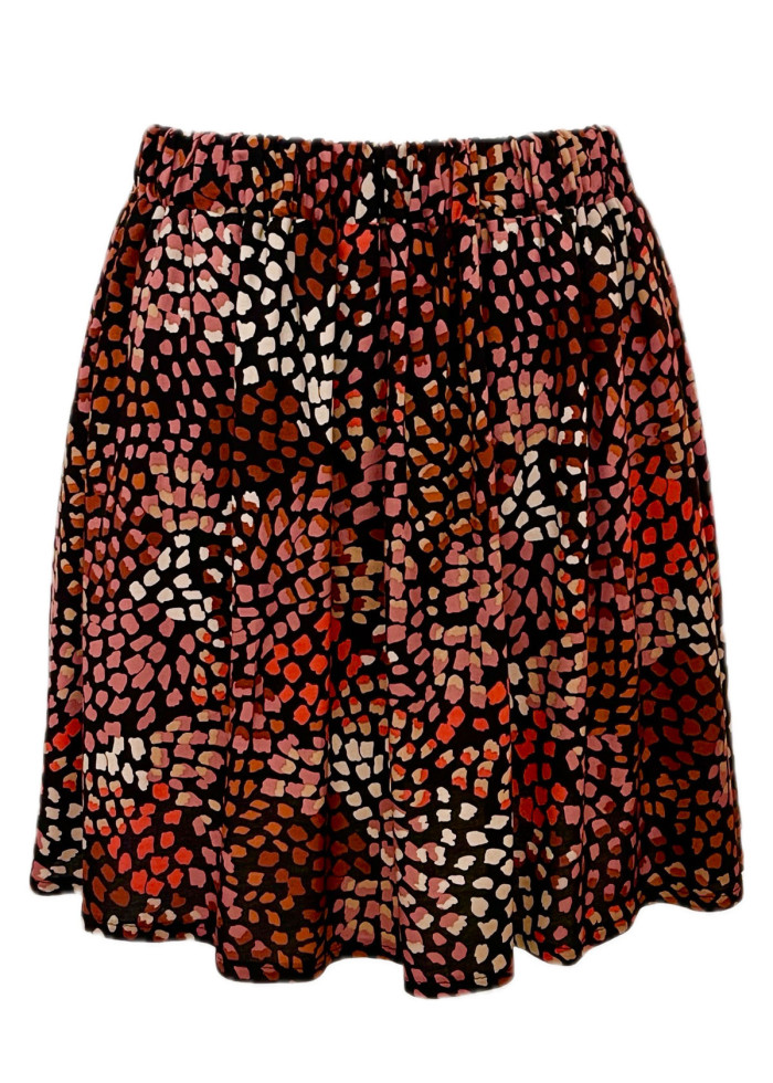 Cette jupe courte évasée fluide à motif floral coloré est chic originale féminine et éthique fabriqué France en soie vegan