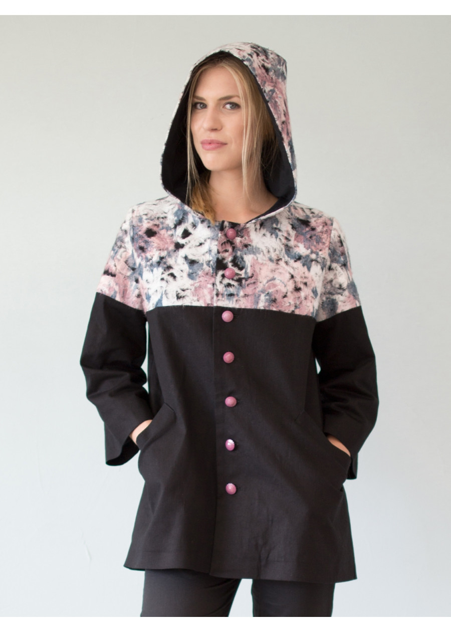 Manteau à Capuche Victoria en laine brodée colorée et popeline noire