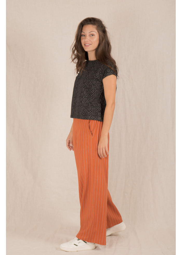 Pantalon ample taille haute en lin à rayures terracotta pour une tenue mariage femme ou le travail, fabrication française