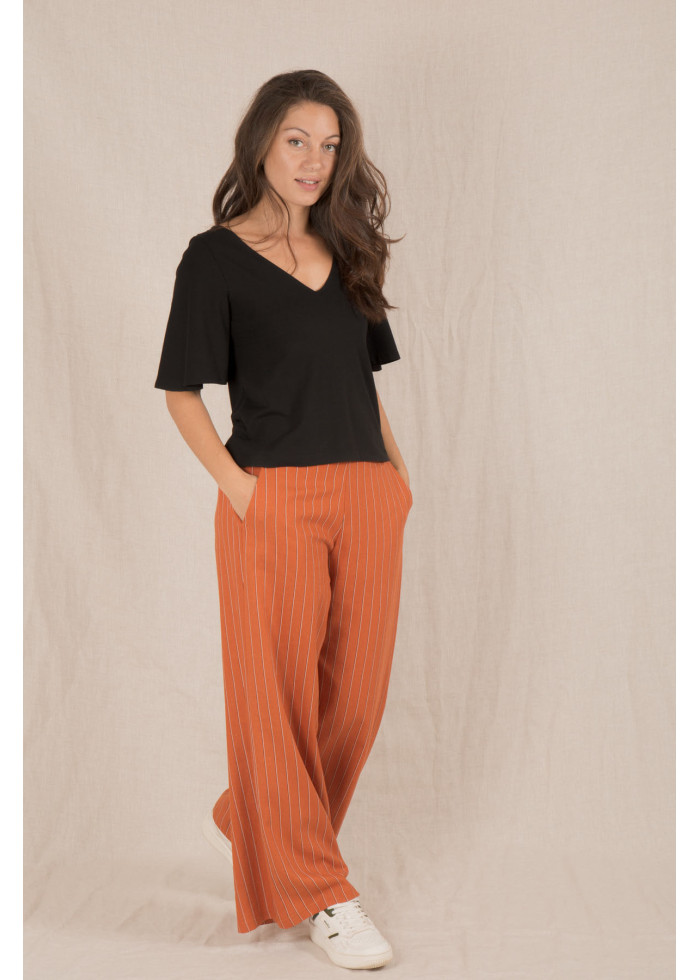 Pantalon ample taille haute en lin à rayures terracotta pour une tenue mariage femme ou le travail, fabrication française