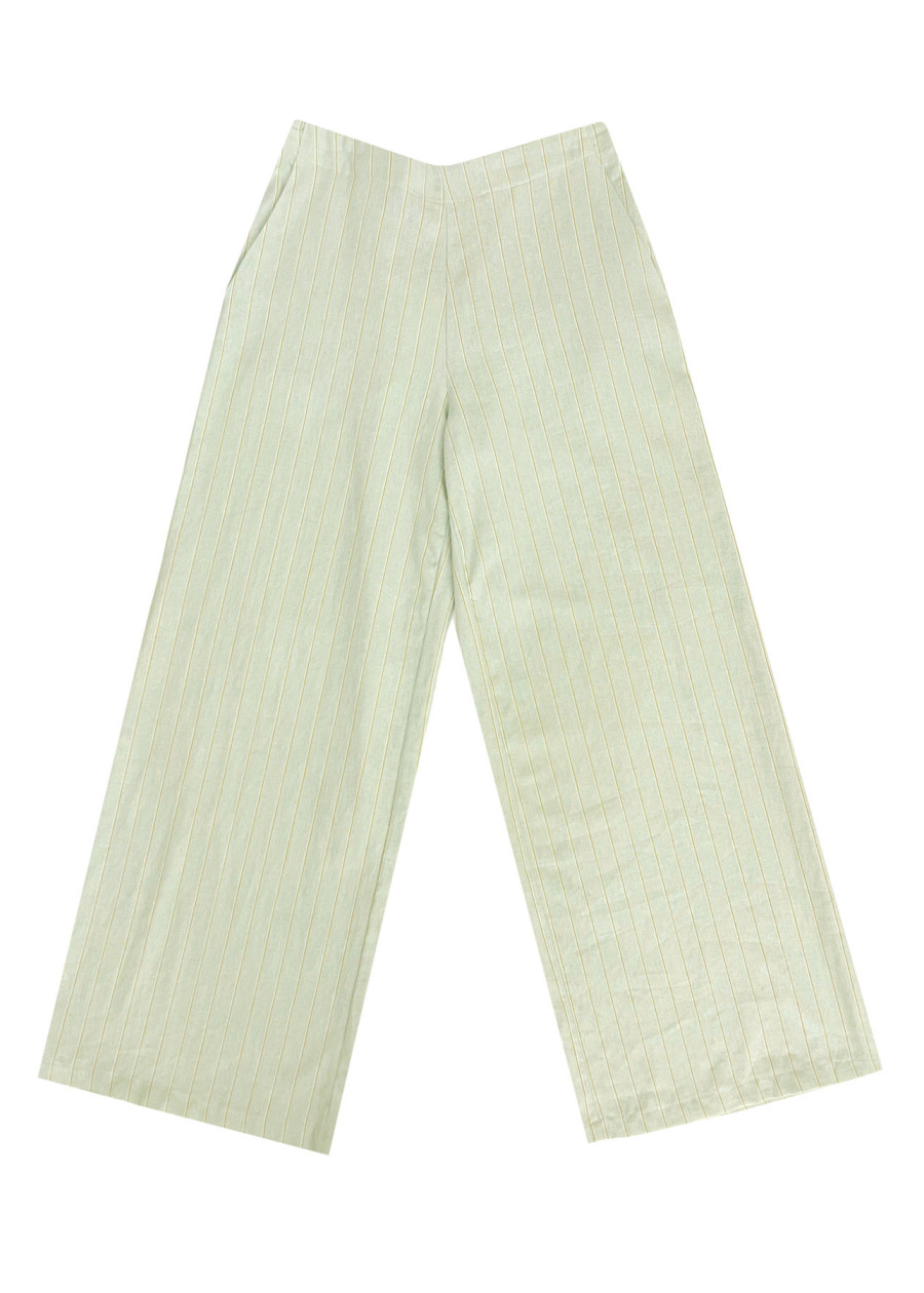 Pantalon ample taille haute en lin à rayures vert d'eau pour une tenue mariage femme ou le travail, fabrication française