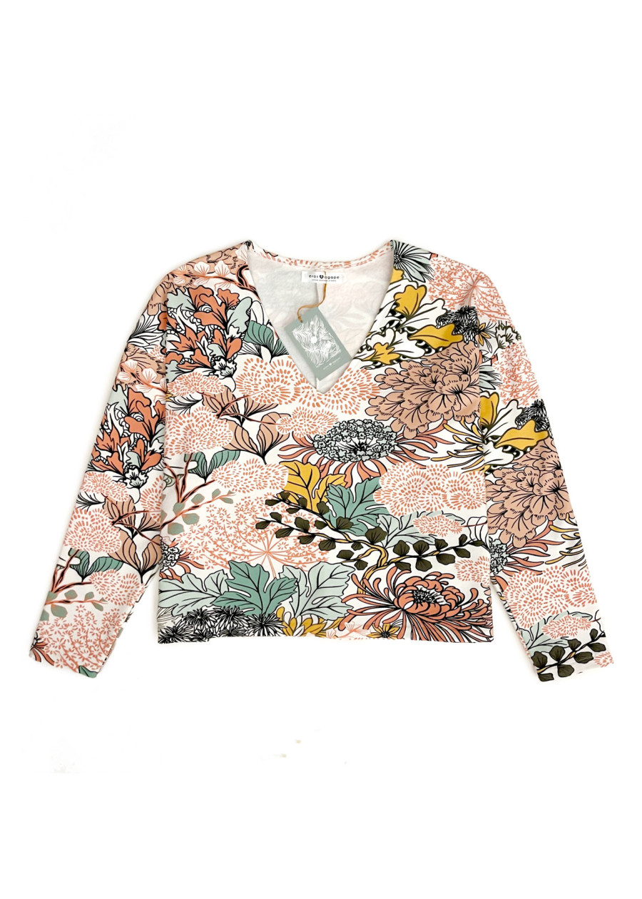 Pull vegan écologique ample et coloré fabriqué en France à motif floral aquatique, tissu naturel végétal