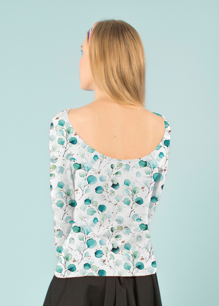 Top original coloré Lula grand dos nu en coton bio motif végétal eucalyptus bleu vert. Marque vegan fabriqué en France