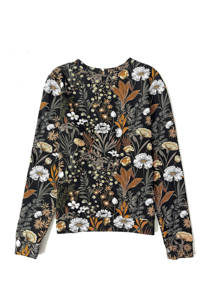 Pull vegan motif floral et végétal aux tons naturels de beige et noir casual bohème chic, marque engagée fabrication en France