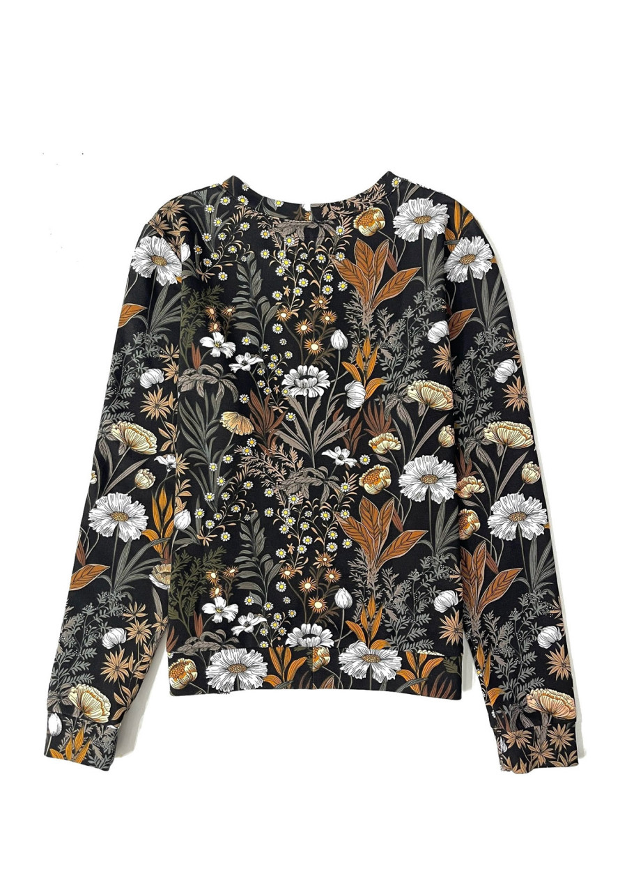 Pull vegan motif floral et végétal aux tons naturels de beige et noir casual bohème chic, marque engagée fabrication en France
