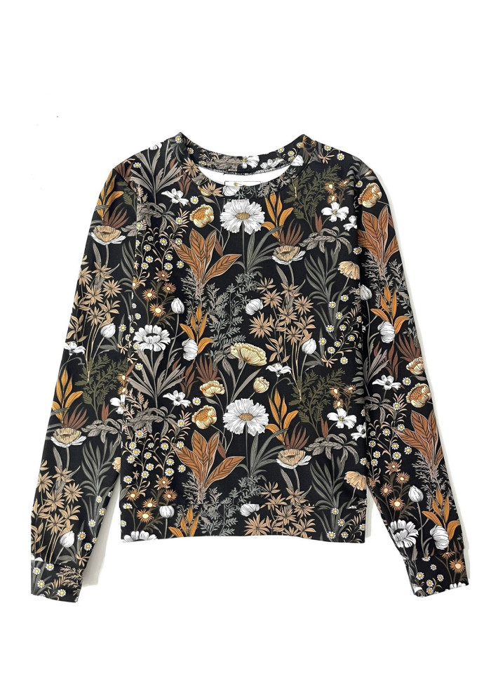 Pull vegan motif floral et végétal aux tons naturels de beige et noir casual bohème chic, marque engagée fabrication en France