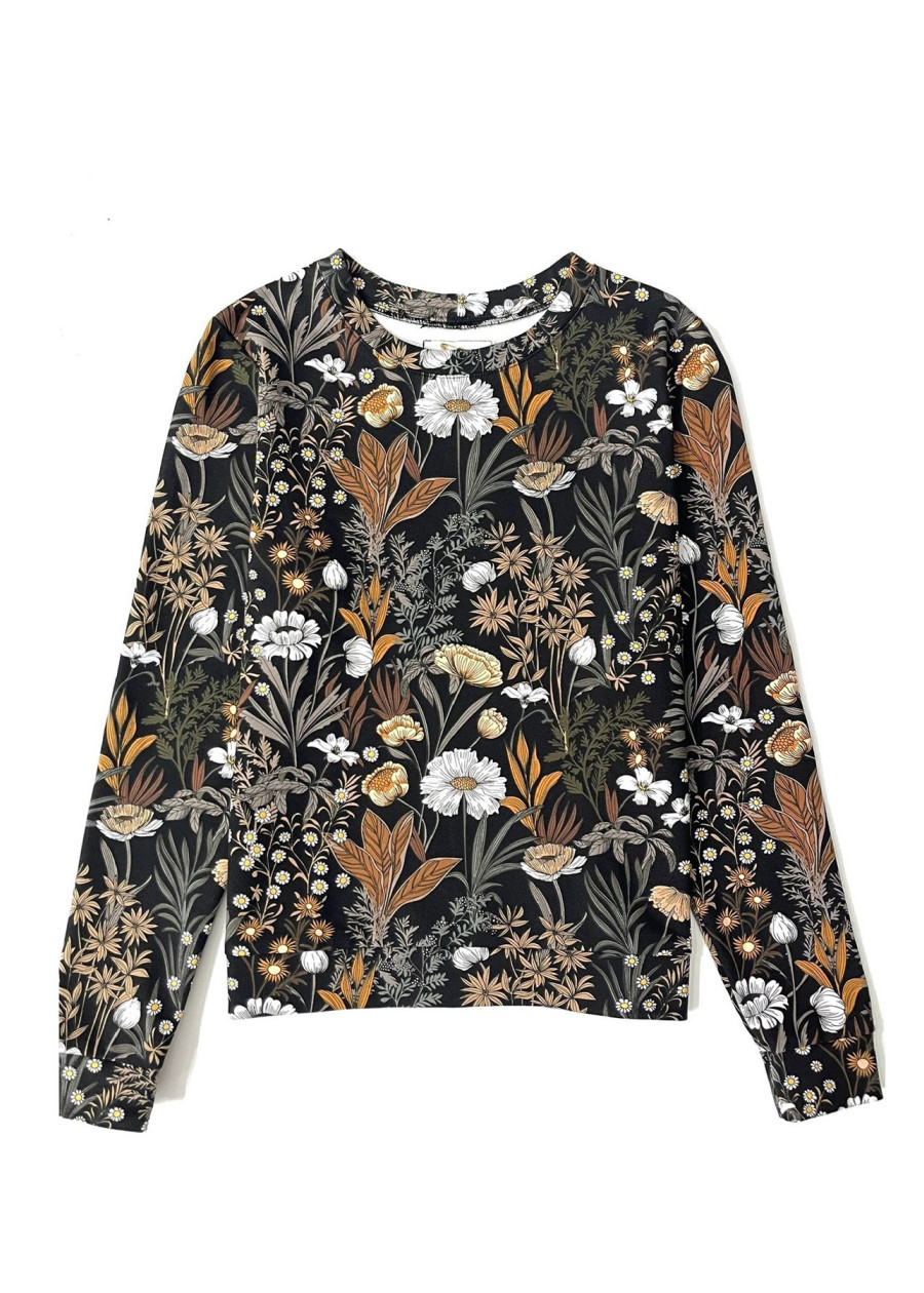 Pull vegan motif floral et végétal aux tons naturels de beige et noir casual bohème chic, marque engagée fabrication en France
