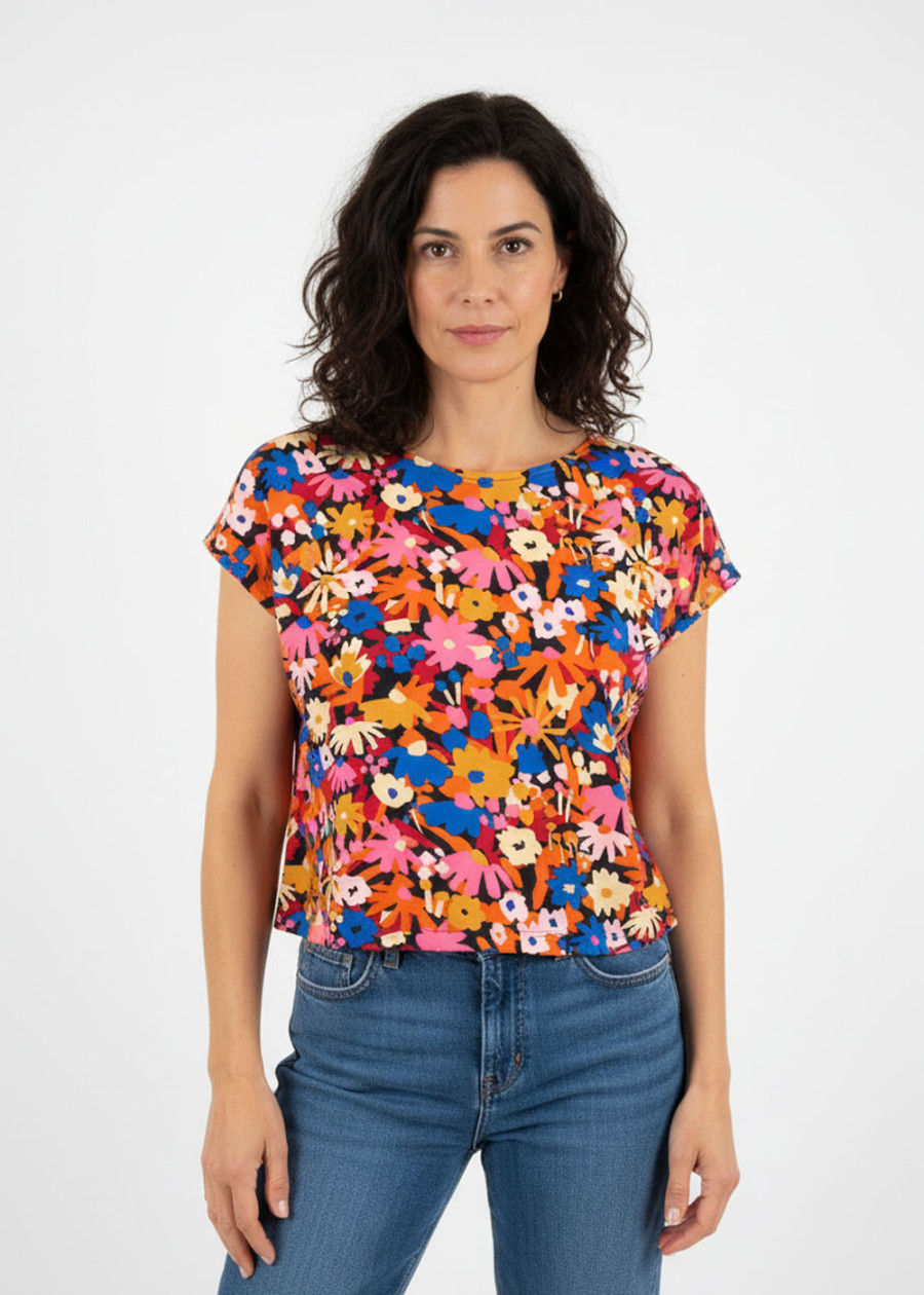 Top en coton bio vegan à motif imprimé coloré peps à fleurs  fabriqué en France - Marque écologique éthique éco-responsable