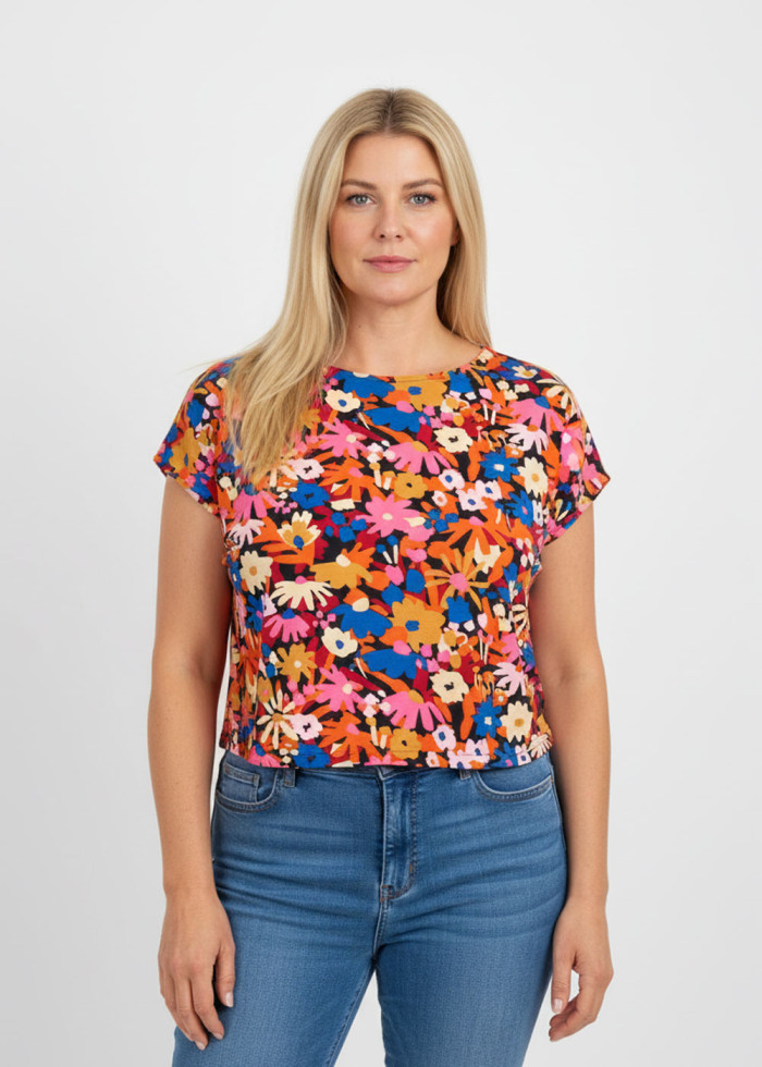 Top en coton bio vegan à motif imprimé coloré peps à fleurs  fabriqué en France - Marque écologique éthique éco-responsable