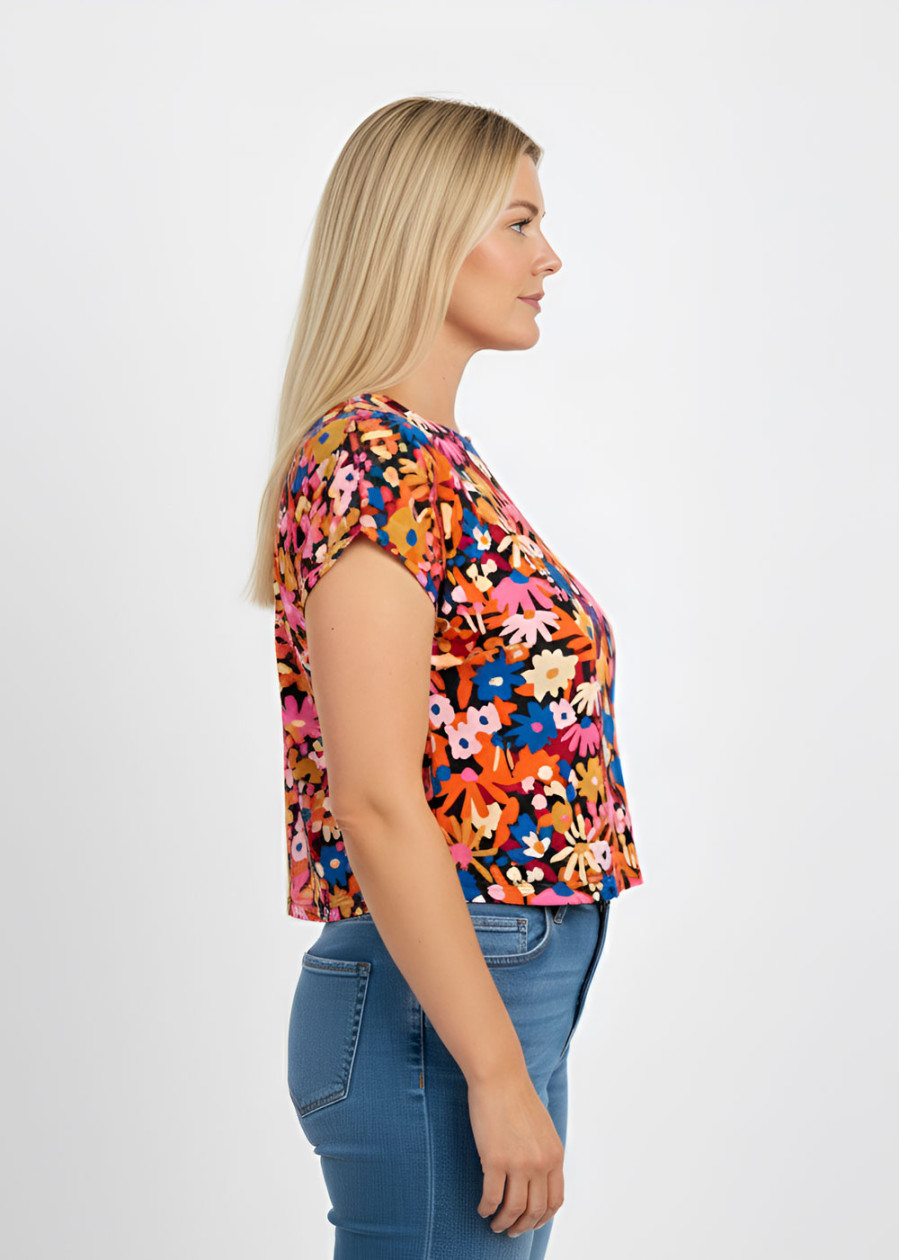 Top en coton bio vegan à motif imprimé coloré peps à fleurs  fabriqué en France - Marque écologique éthique éco-responsable