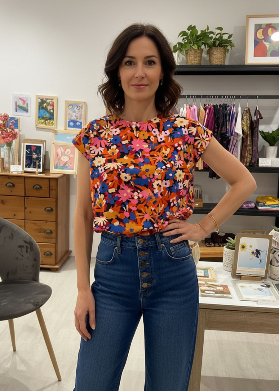 Top en coton bio vegan à motif imprimé coloré peps à fleurs  fabriqué en France - Marque écologique éthique éco-responsable