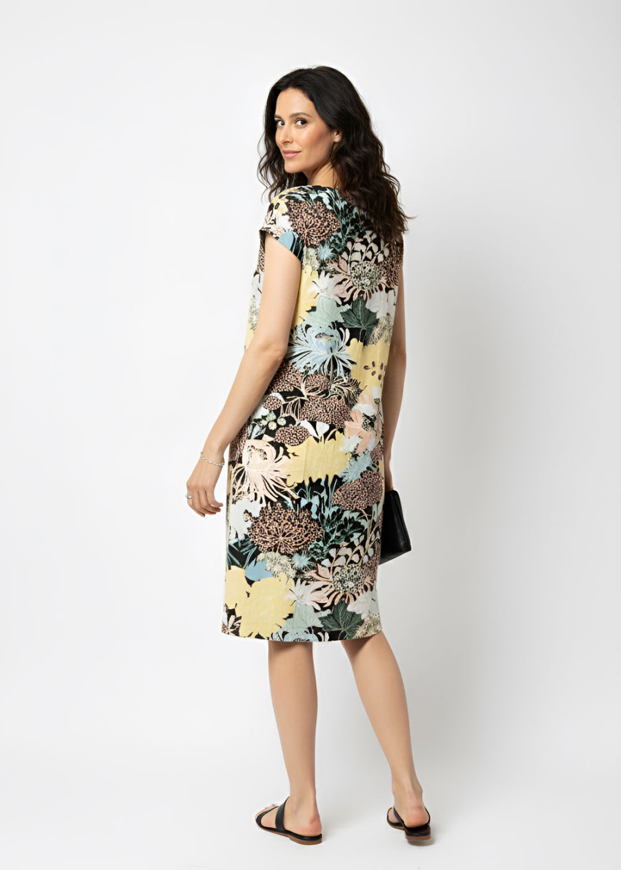 Robe droite fluide chic courte à imprimé floral en LENZING ECOVERO, tissu vegan écologique made in France - Marque responsable