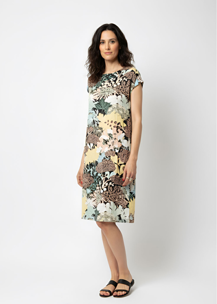 Robe droite fluide chic courte à imprimé floral en LENZING ECOVERO, tissu vegan écologique made in France - Marque responsable