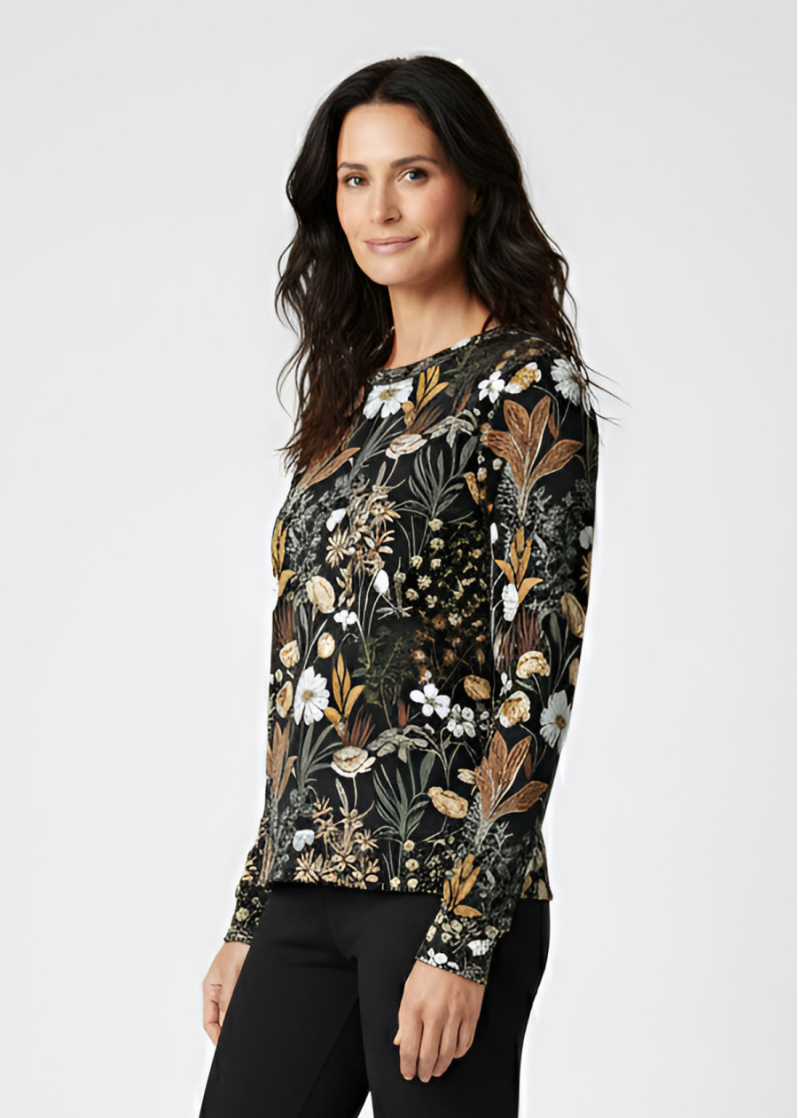 Pull vegan motif floral et végétal aux tons naturels de beige et noir casual bohème chic, marque engagée fabrication en France