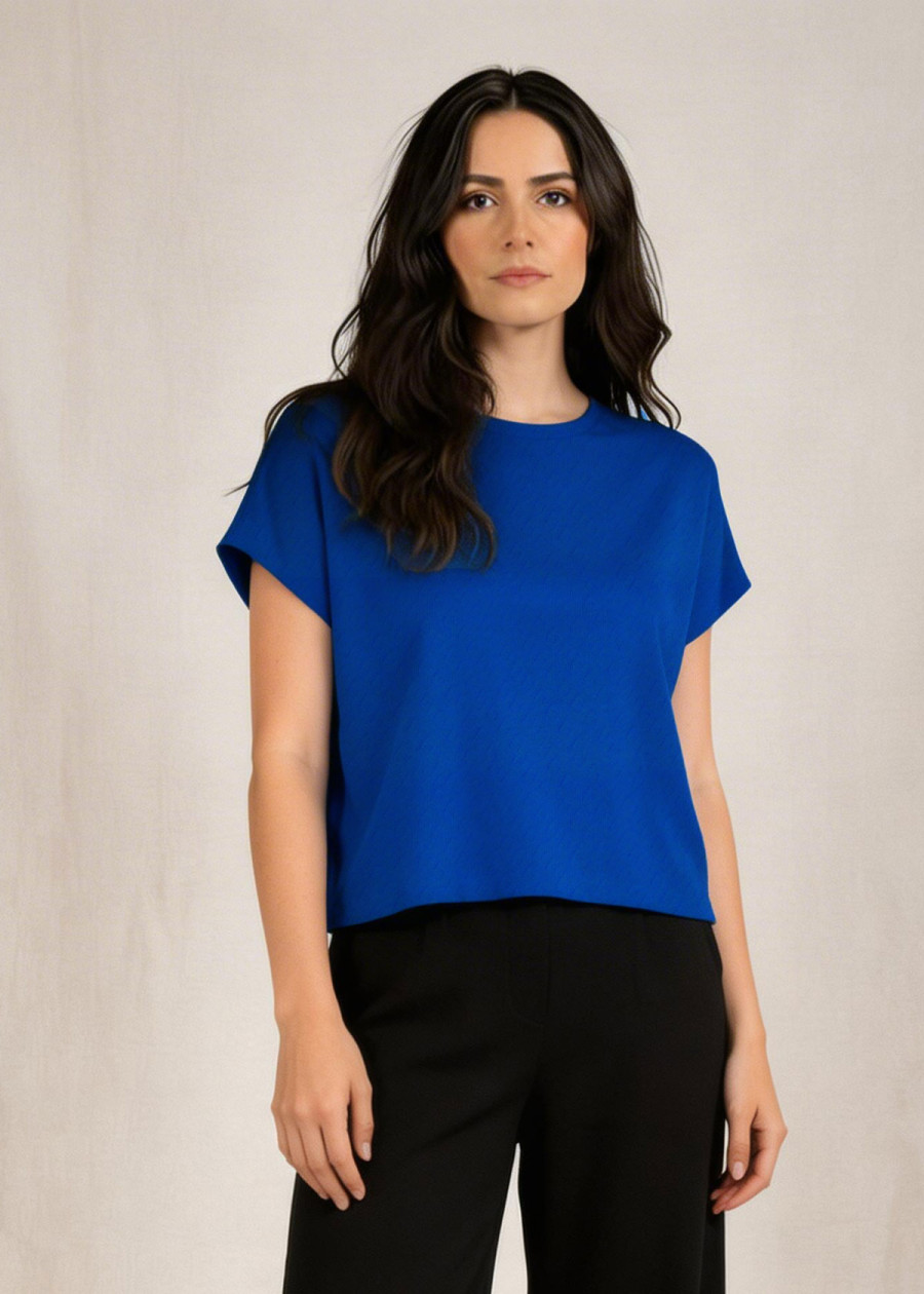 Top en coton bio vegan en maille pointelle bleu klein à petit motif fabriqué en France - Marque écologique éthique responsable