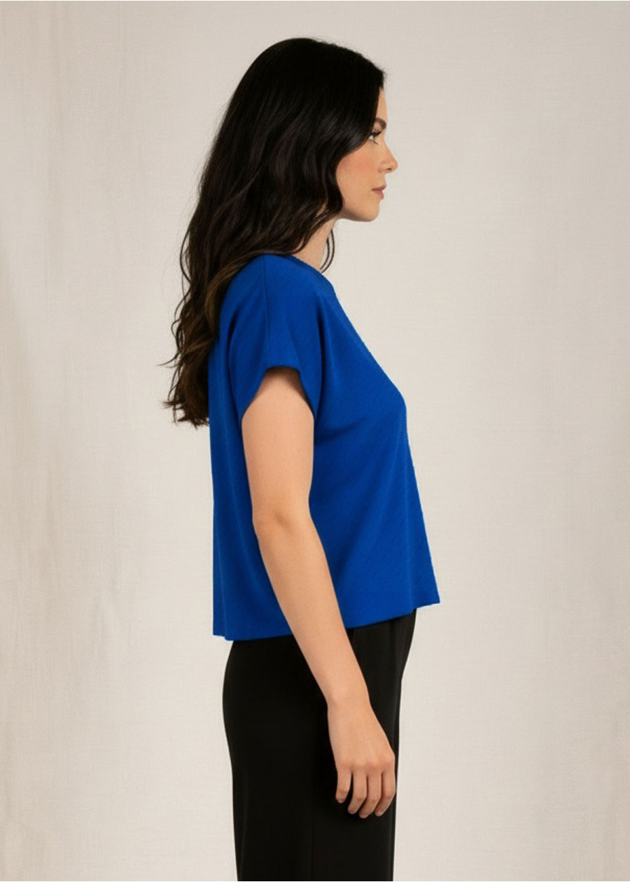 Top en coton bio vegan en maille pointelle bleu klein à petit motif fabriqué en France - Marque écologique éthique responsable