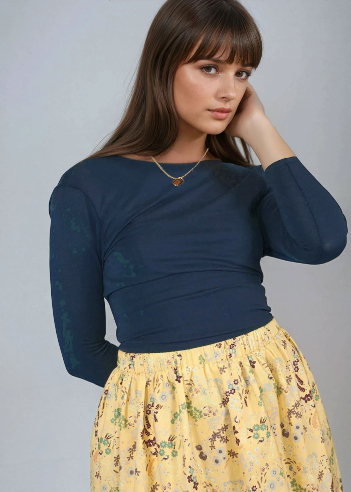 Top danseuse Lula dos nu sexy à manches 3/4 en coton bio bleu marine fabriqué en France - Mode éthique vegan artisanat local