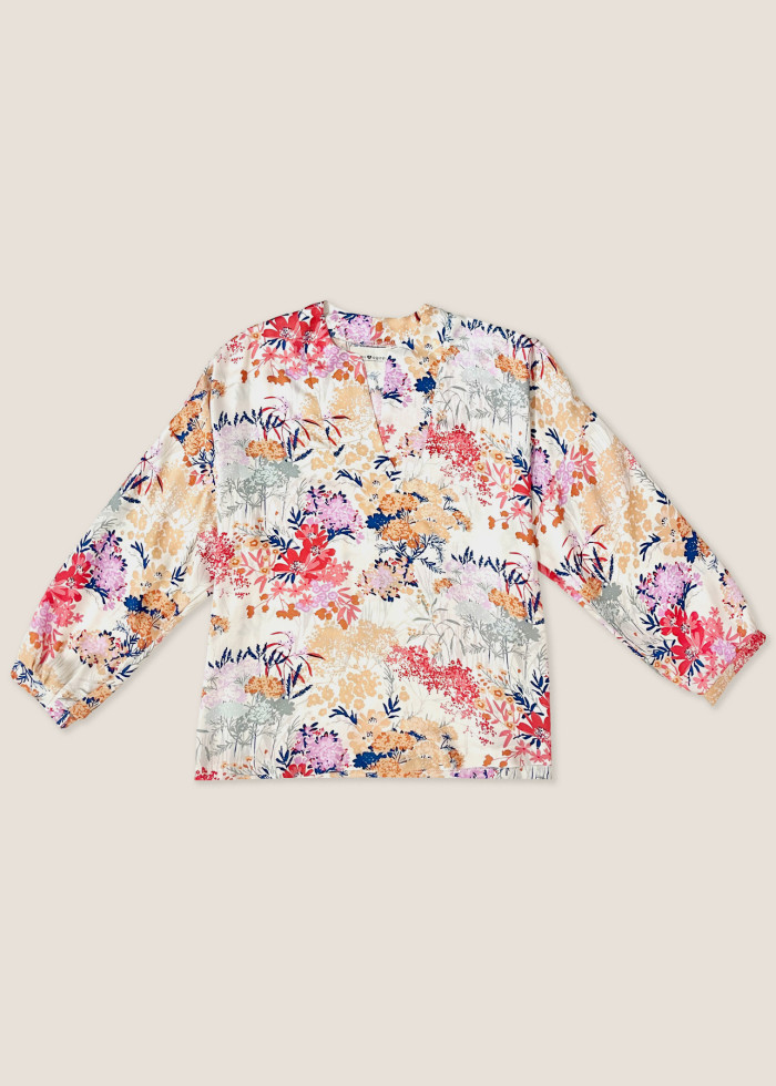 Blouse fluide ample colorée en tencel Ecovero imprimé floral sauvage, soie vegan écologique - Marque made in France