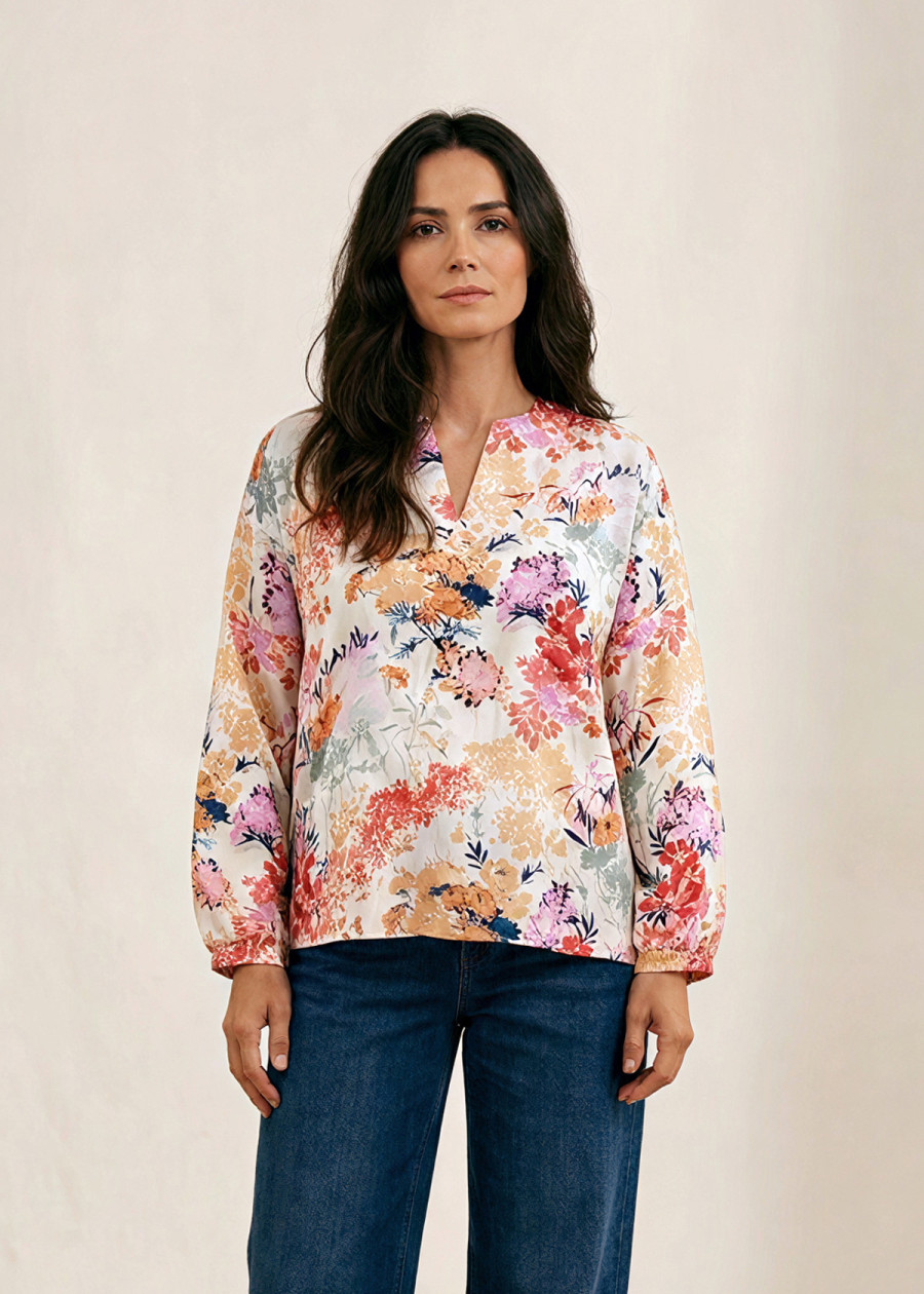 Blouse fluide ample colorée en tencel Ecovero imprimé floral sauvage, soie vegan écologique - Marque made in France