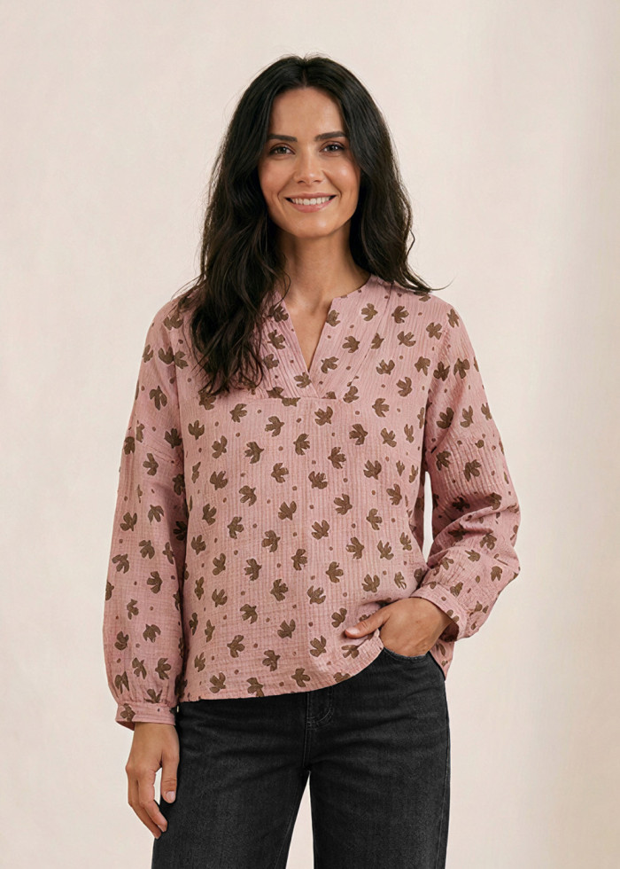 Blouse ample en gaze de coton bio GOTS imprimé oiseaux paix, vegan écologique - Marque made in France