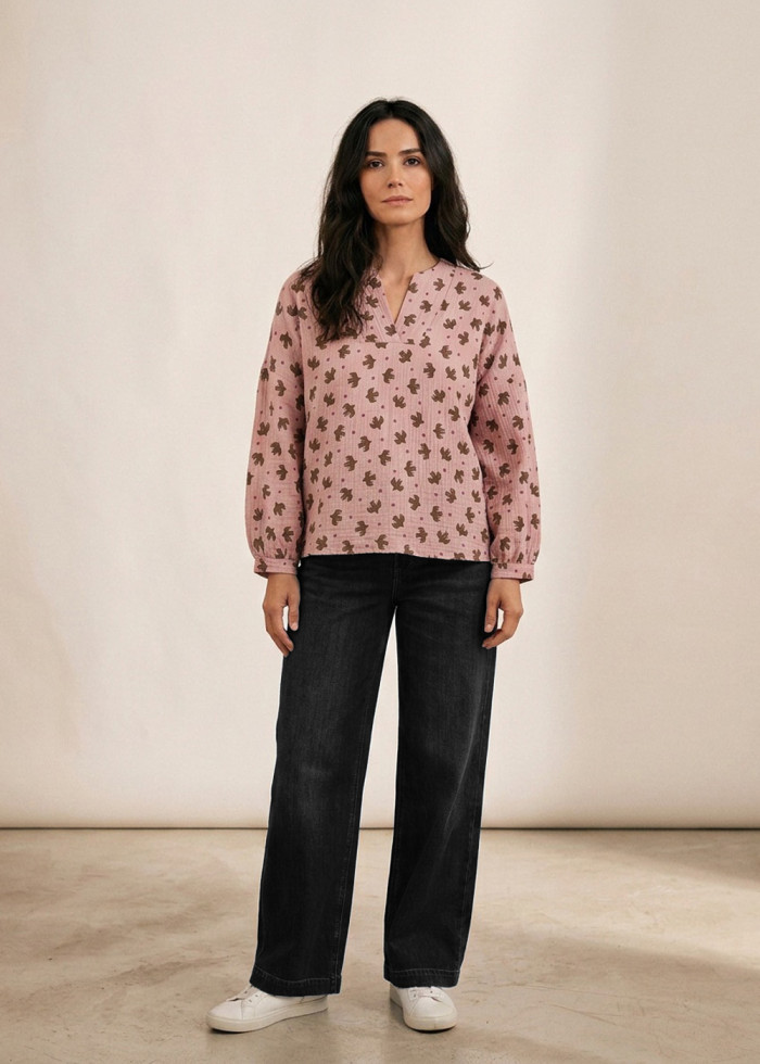 Blouse ample en gaze de coton bio GOTS imprimé oiseaux paix, vegan écologique - Marque made in France