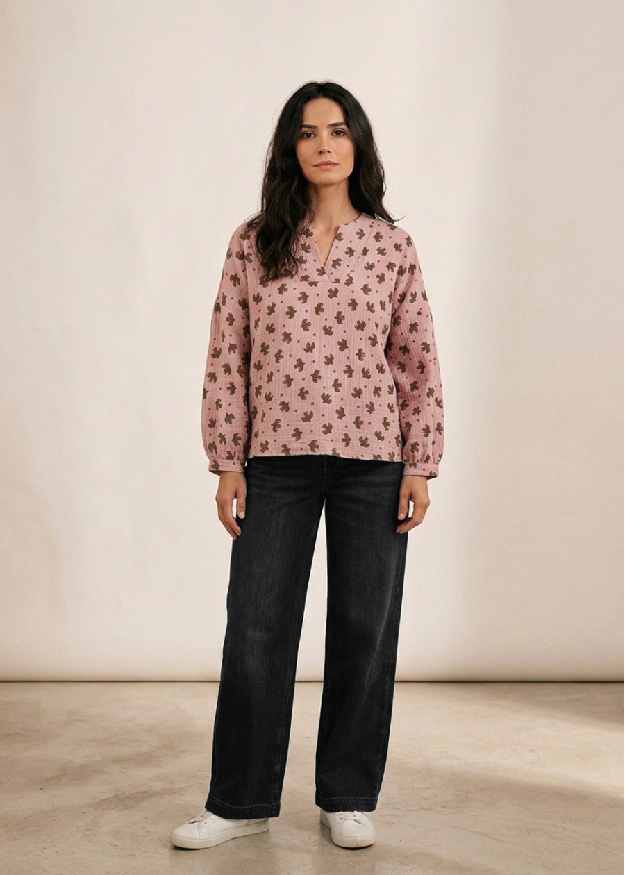 Blouse ample en gaze de coton bio GOTS imprimé oiseaux paix, vegan écologique - Marque made in France