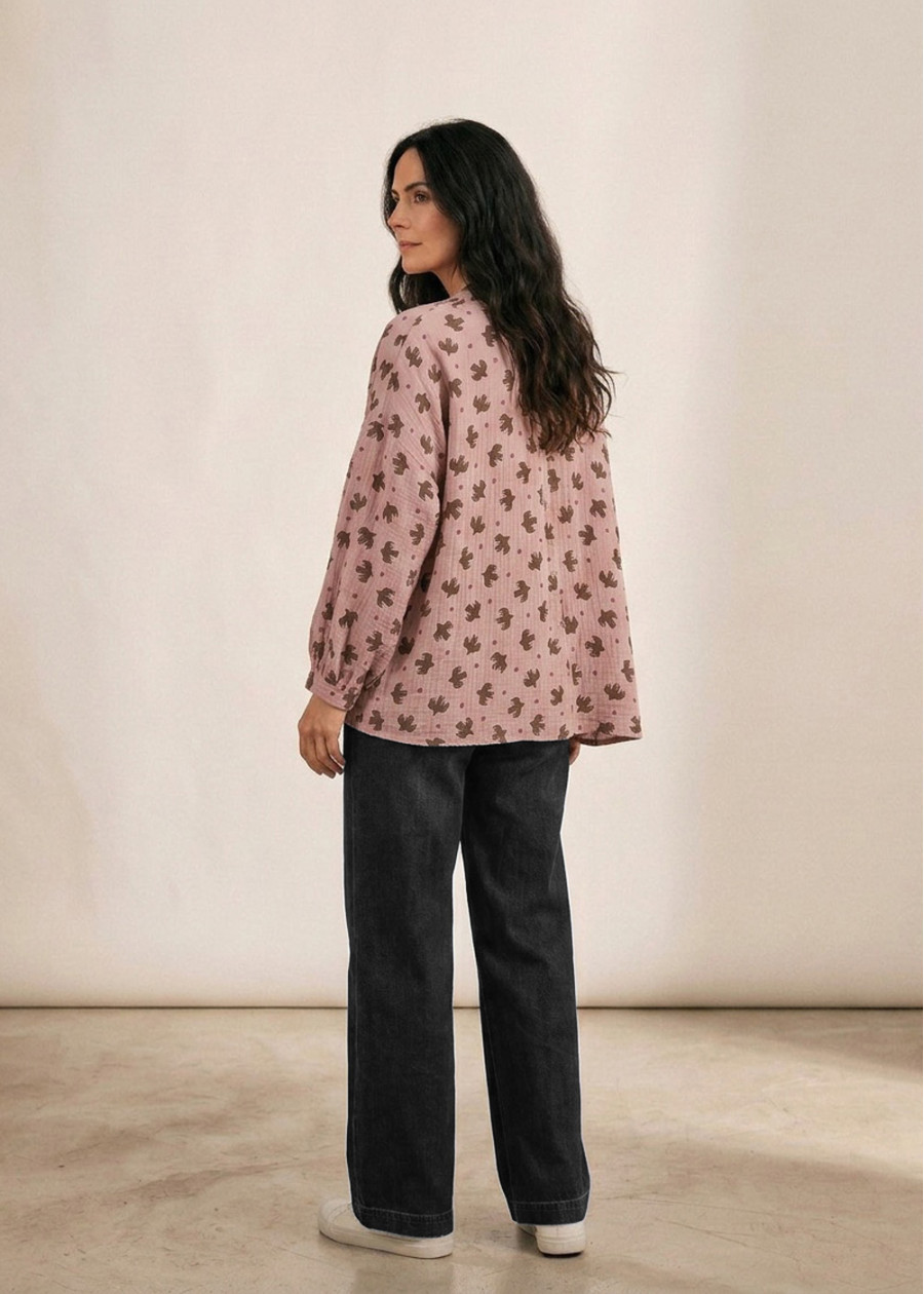 Blouse ample en gaze de coton bio GOTS imprimé oiseaux paix, vegan écologique - Marque made in France