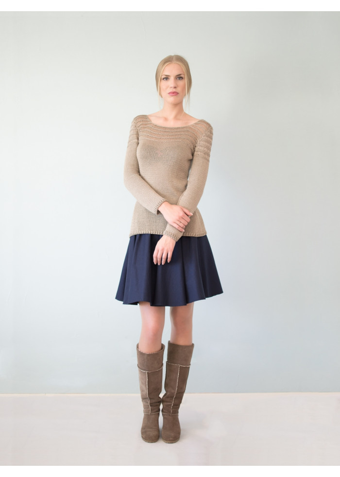 Pull Mathilda tricoté main en maille ajourée beige irisé de coton bio et bambou