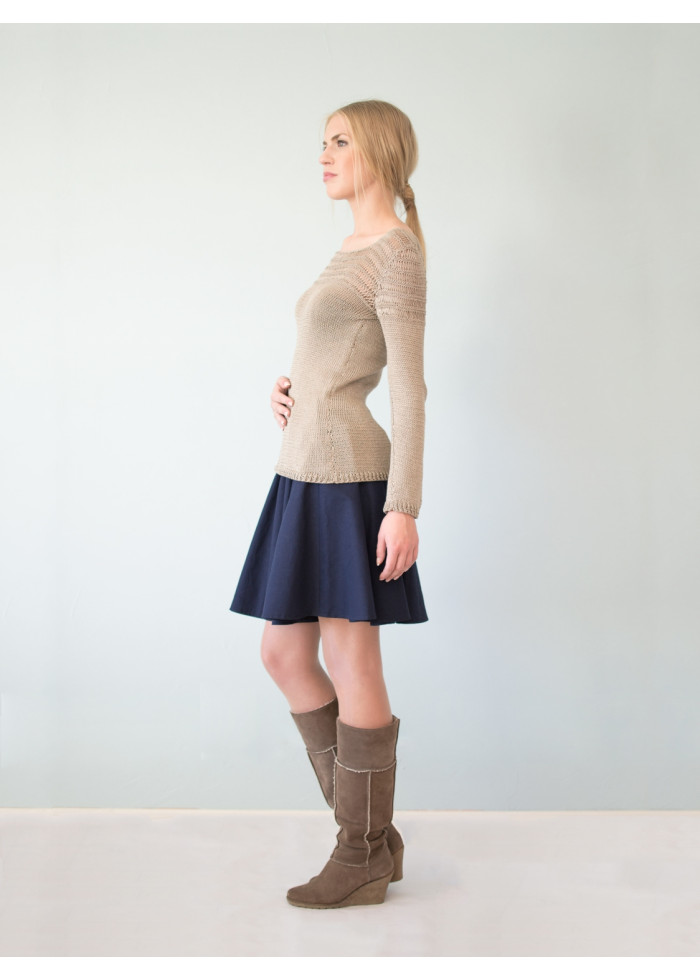 Pull Mathilda tricoté main en maille ajourée beige irisé de coton bio et bambou