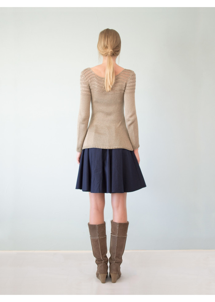 Pull Mathilda tricoté main en maille ajourée beige irisé de coton bio et bambou