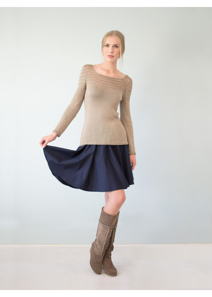 Pull Mathilda tricoté main en maille ajourée beige irisé de coton bio et bambou