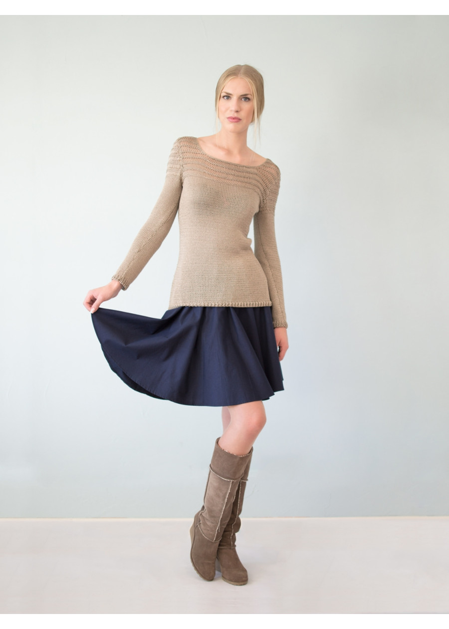 Pull Mathilda tricoté main en maille ajourée beige irisé de coton bio et bambou