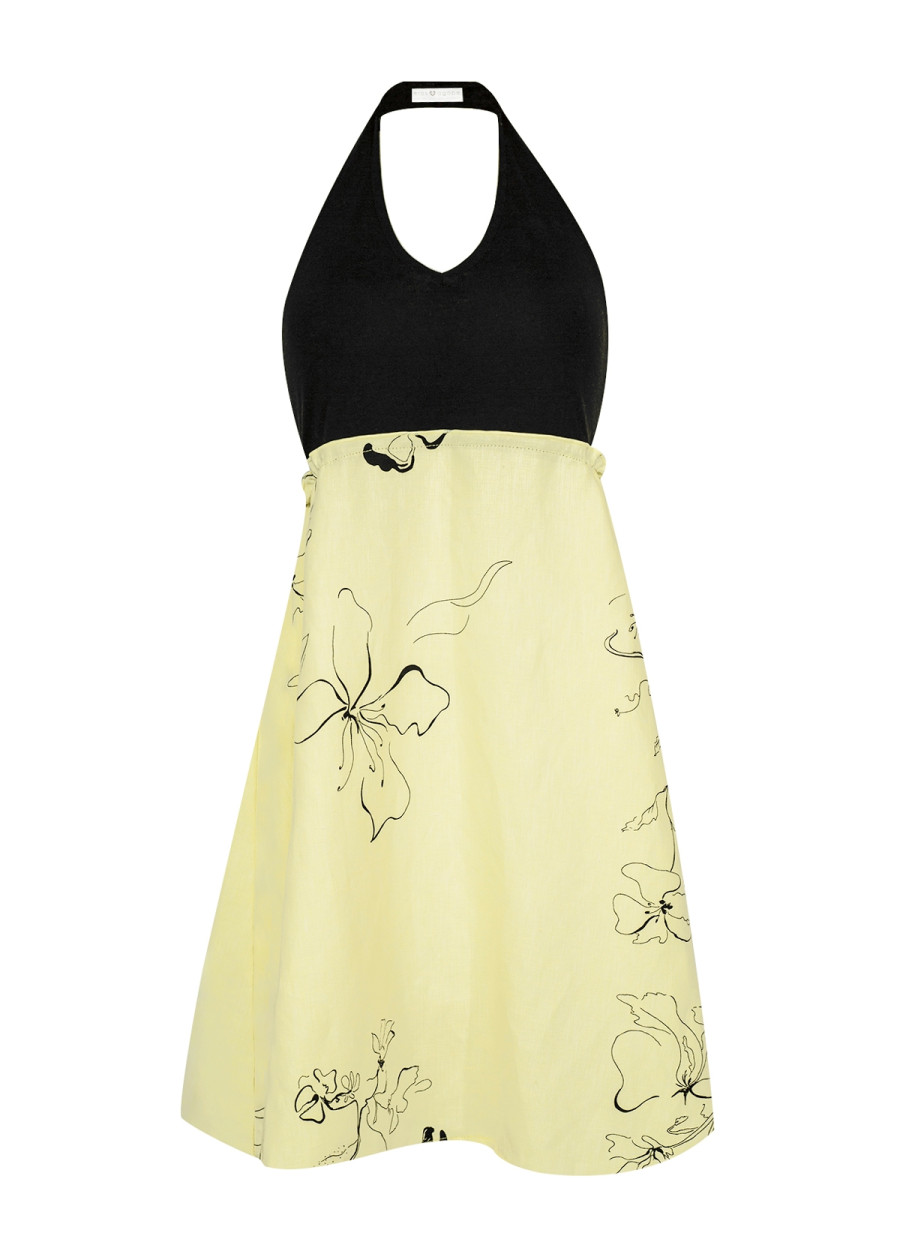 Robe dos nu en lin Bahia à imprimé de fleurs noires sur jaune
