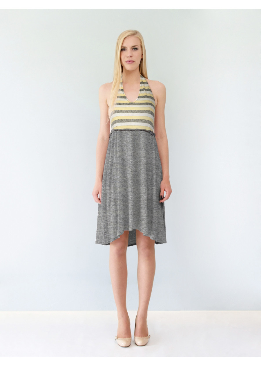 Robe dos nu en jersey de modal Bahia et coton bio à rayures gris chiné et jaune