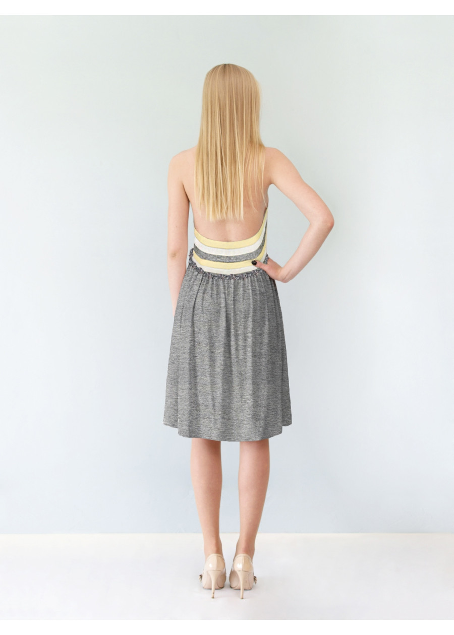 Robe dos nu en jersey de modal Bahia et coton bio à rayures gris chiné et jaune
