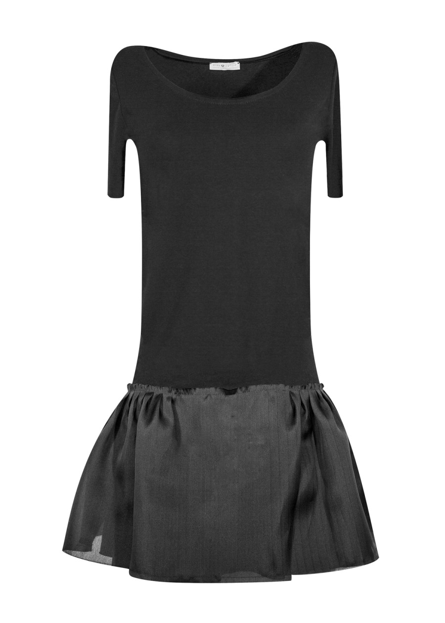 Petite robe noire plissée mi-longue en organza de soie à volant et manches très longues Sylvia et coton bio