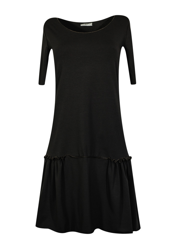Petite robe noire chasuble mi-longue à manches courtes et fronces Sylvia en coton bio
