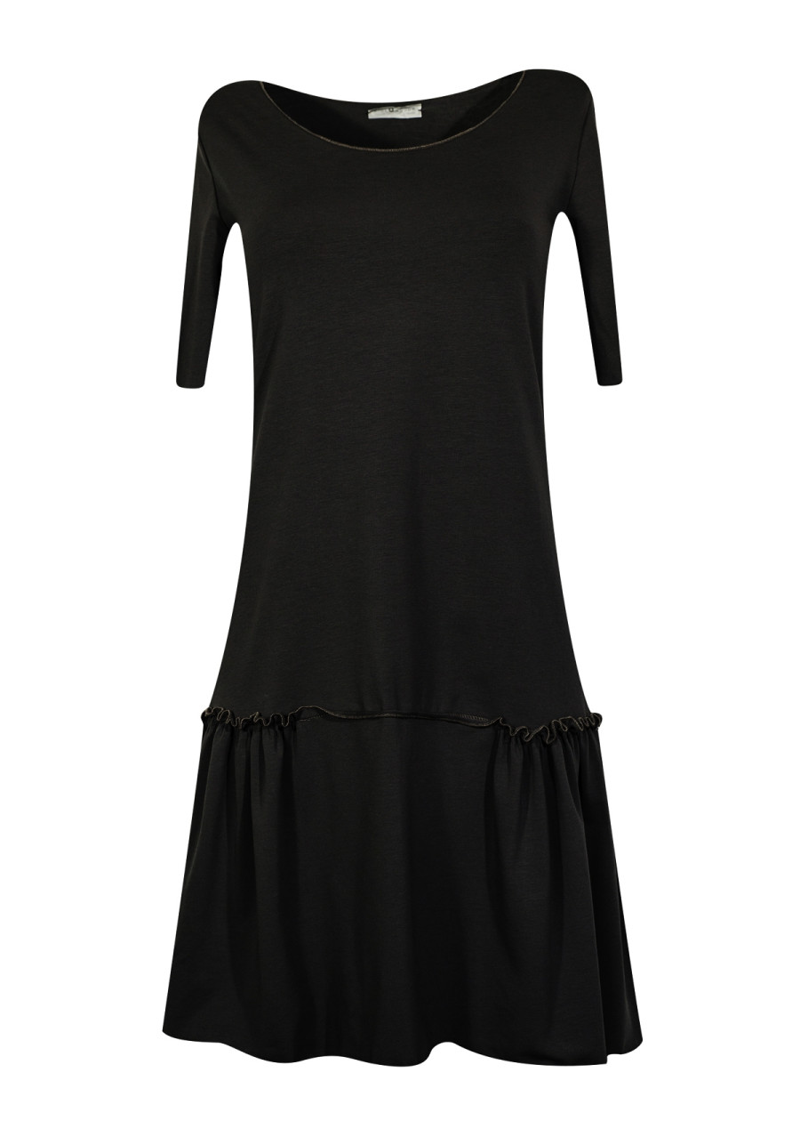 Petite robe noire chasuble mi-longue à manches courtes et fronces Sylvia en coton bio