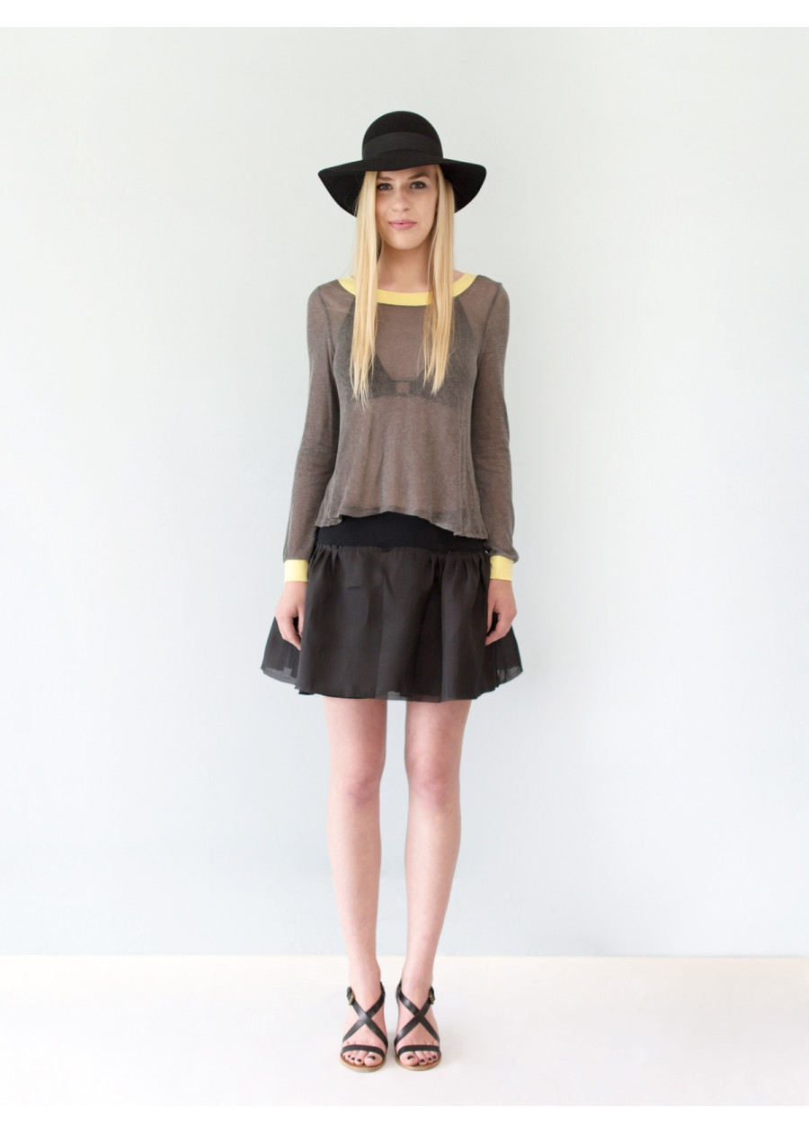 Top Paula transparent joli dos noué en maille à rayure jaune et gris