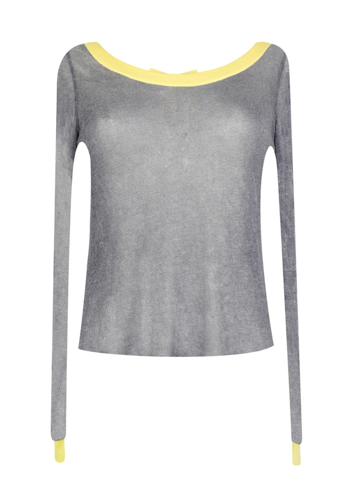 Top Paula transparent joli dos noué en maille à rayure jaune et gris