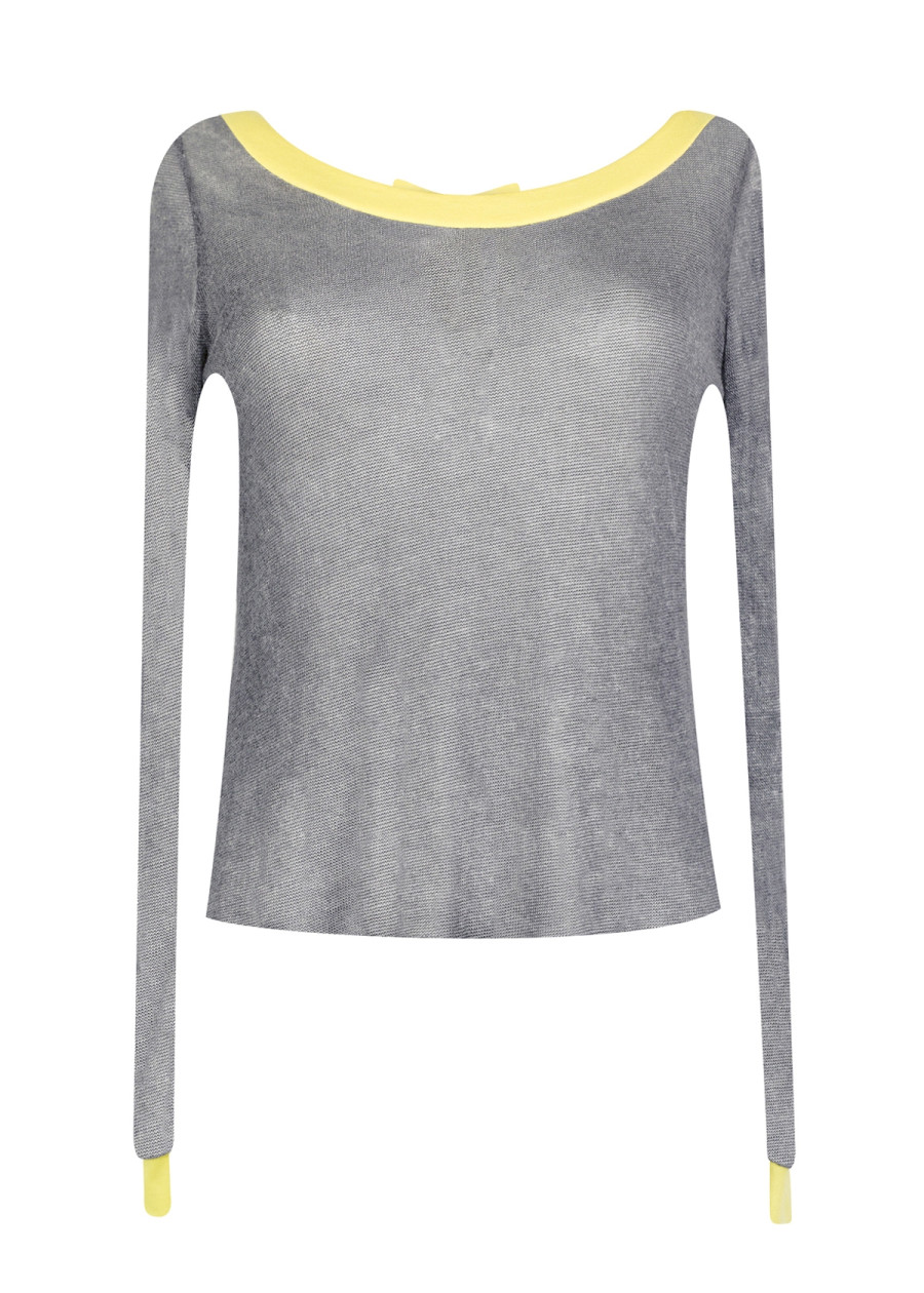Top Paula transparent joli dos noué en maille à rayure jaune et gris