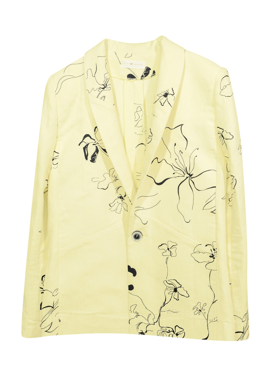 Veste de tailleur courte et droite Ines en lin à motif de grandes fleurs noires