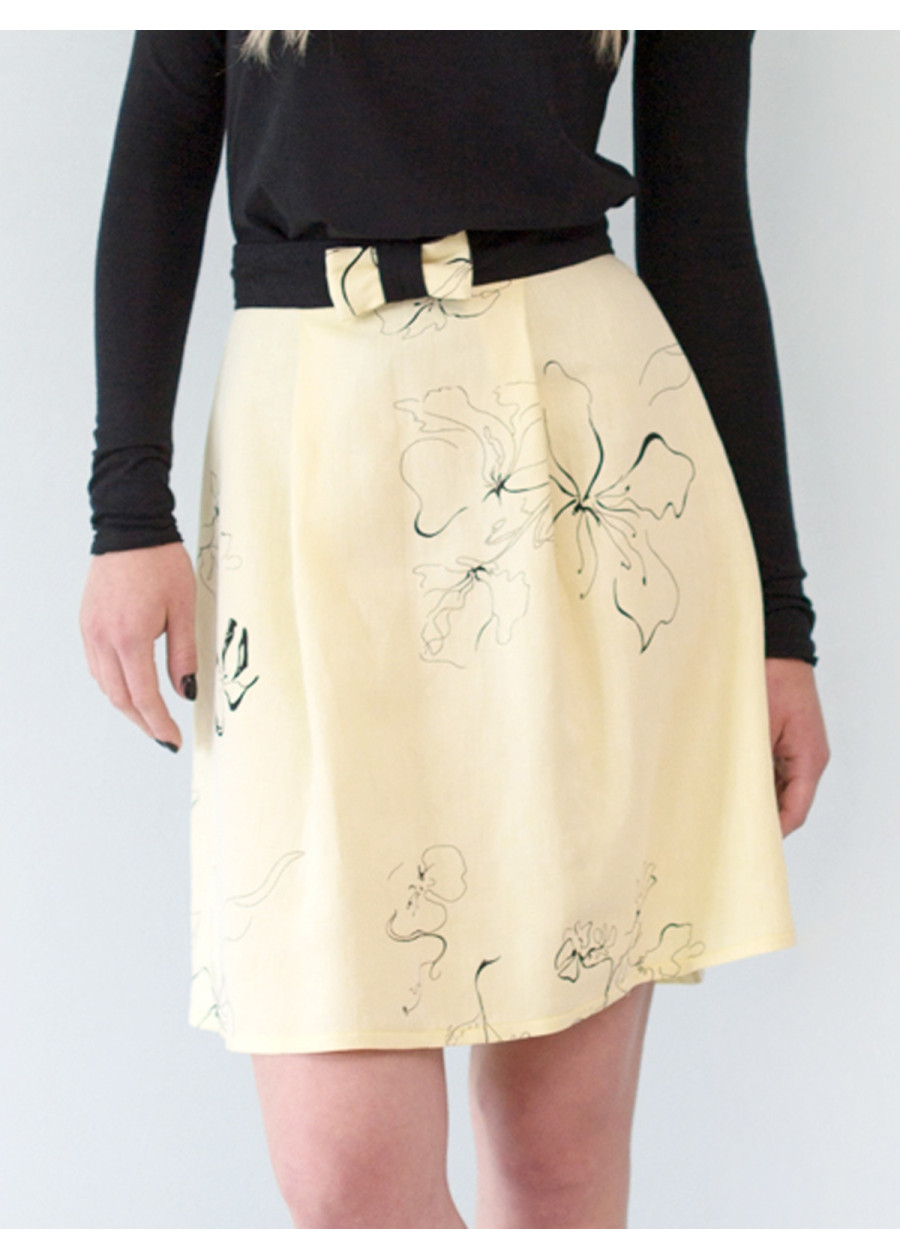 Jupe taille haute mi-longue Electra en lin jaune à imprimé fleuri fabriquée en France