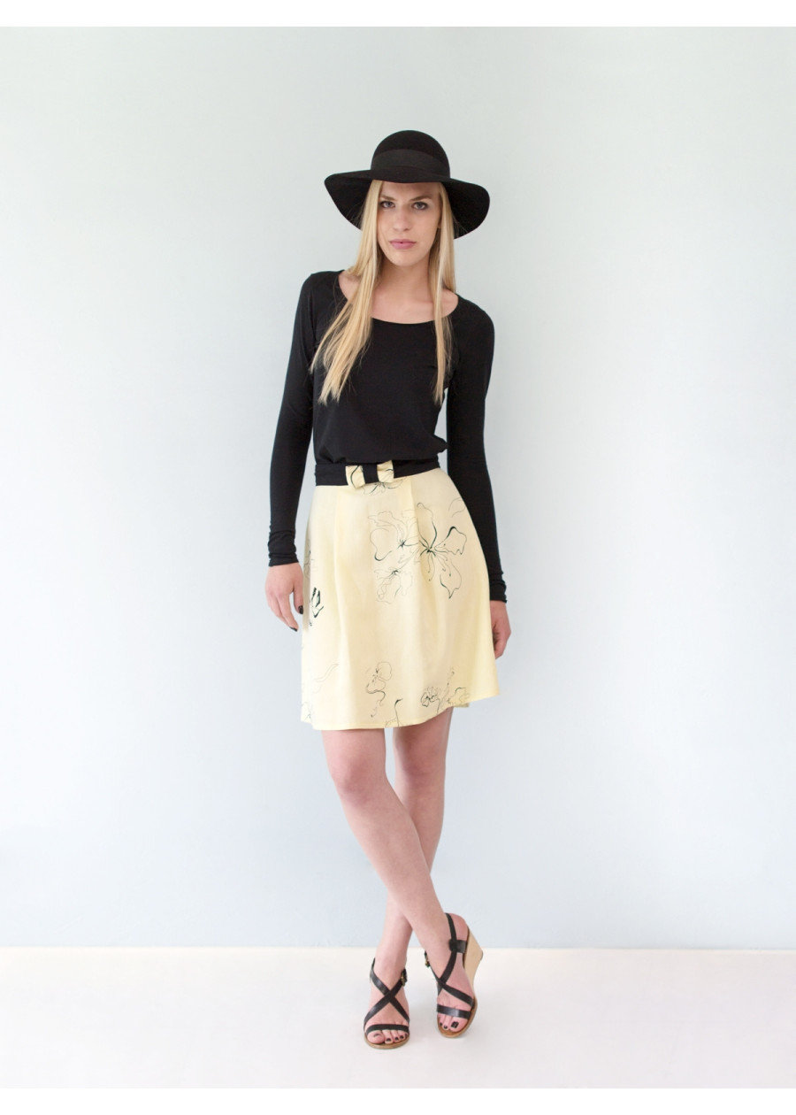 Jupe taille haute mi-longue Electra en lin jaune à imprimé fleuri fabriquée en France