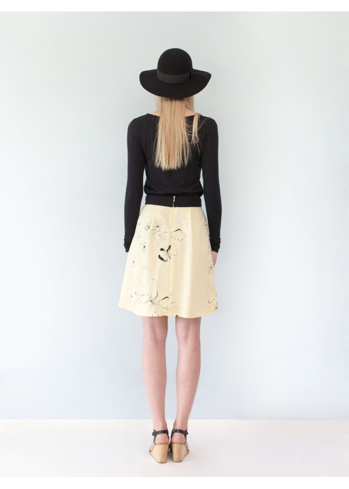 Jupe taille haute mi-longue Electra en lin jaune à imprimé fleuri fabriquée en France