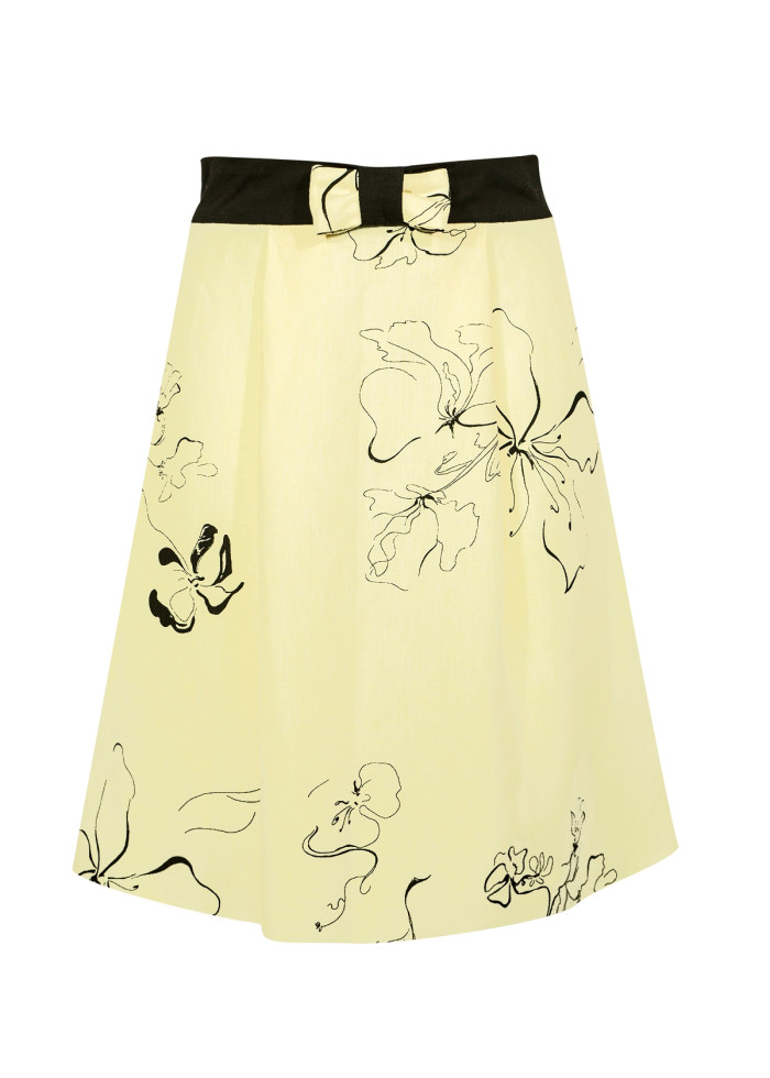 Jupe taille haute mi-longue Electra en lin jaune à imprimé fleuri fabriquée en France