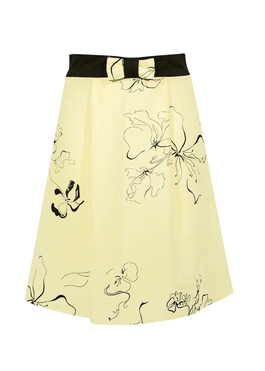 Jupe taille haute mi-longue Electra en lin jaune à imprimé fleuri fabriquée en France