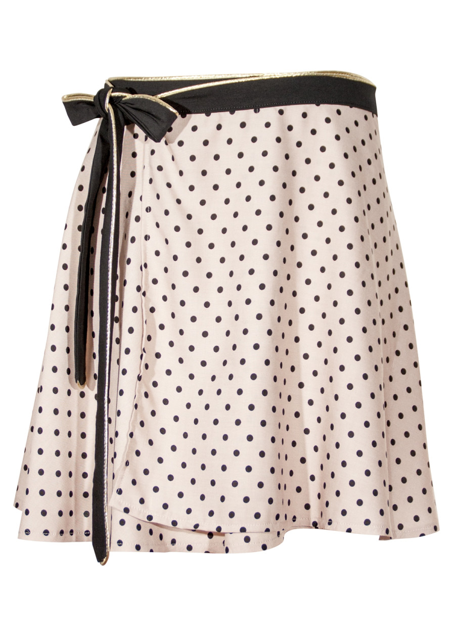 Jupe portefeuille fluide Lorelei en bambou rose nude pastel à pois noir fabriquée en France