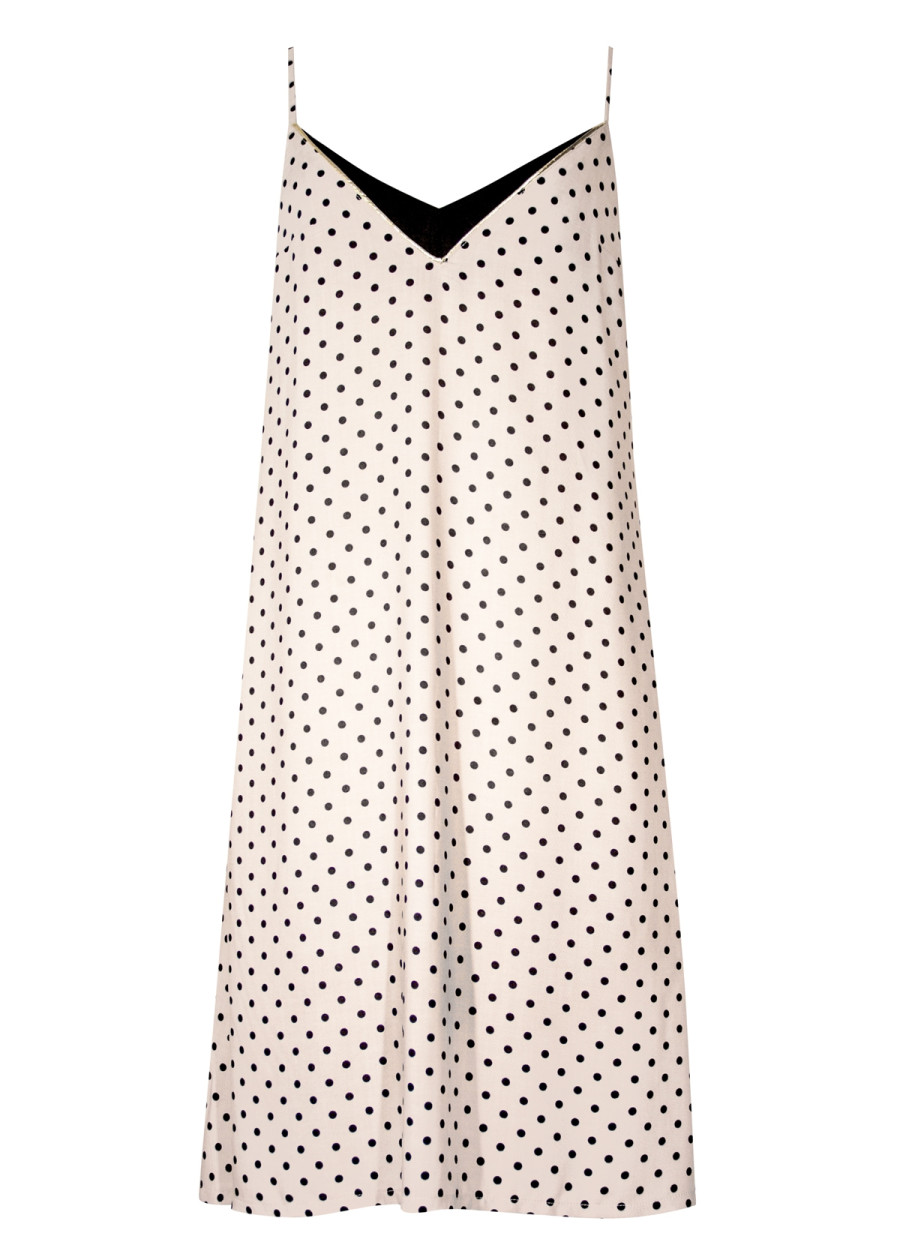 Robe fluide à bretelles Minami en bambou rose nude à pois noir galon doré made in France