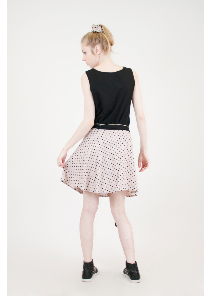 Jupe portefeuille fluide Lorelei en bambou rose nude pastel à pois noir fabriquée en France